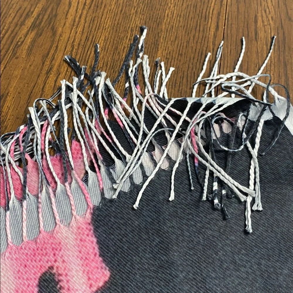 “5/$20” black with pink dinosaurs and fringe shawl or scarf - Picture 3 of 3
